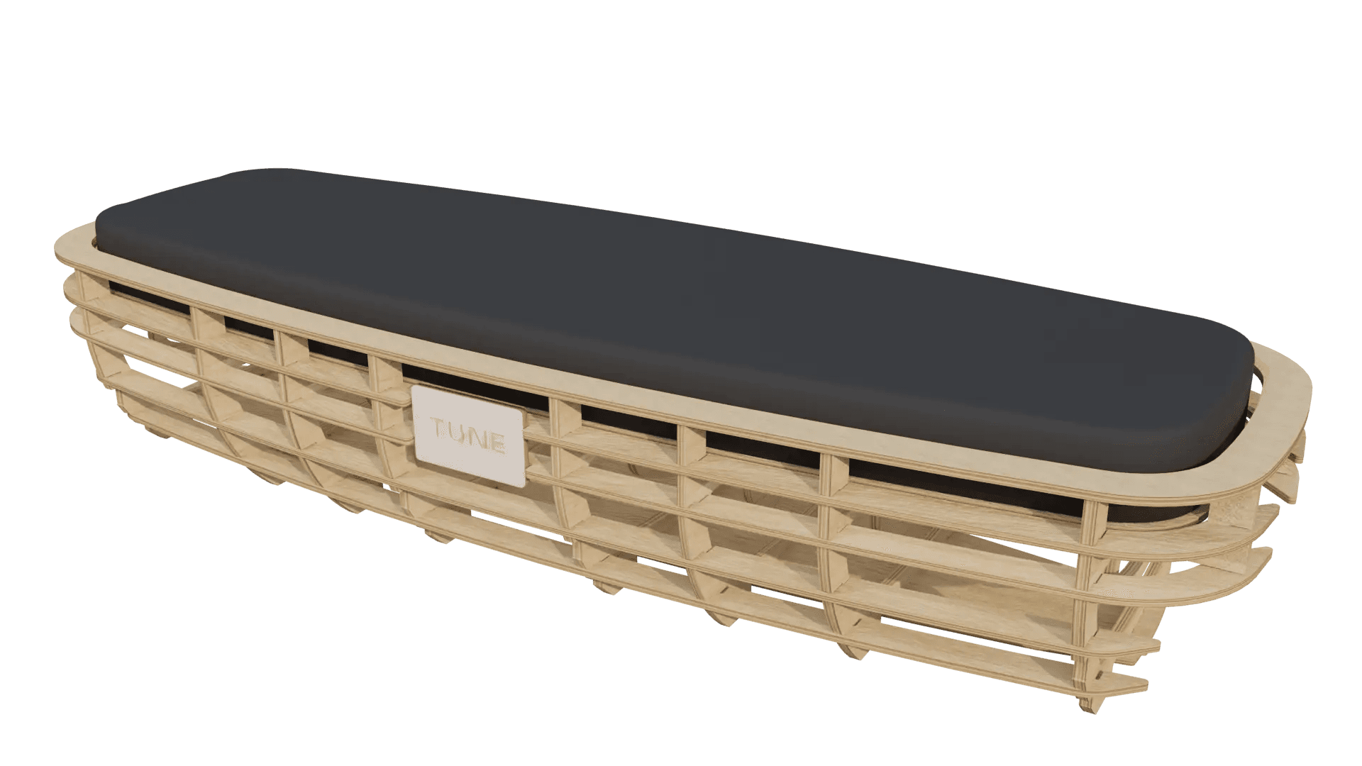 The TUNE bed — a precision-crafted wooden lattice frame with a dark performance cushion